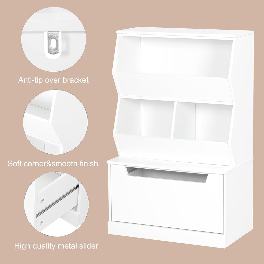 Slanted Kids Toy Storage Organizer, Children Storage Cubby with Drawer | Kids Bookshelf and Bookcase, Full-Width