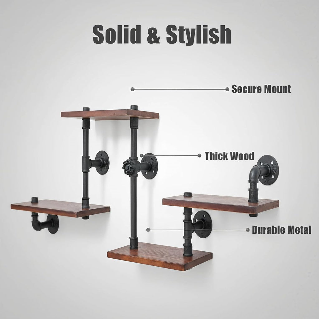 Industrial Rustic Modern Solid Wood Ladder Pipe Wall Mounted Floating Shelves - 4 Tiers Bookshelf,DIY Storage