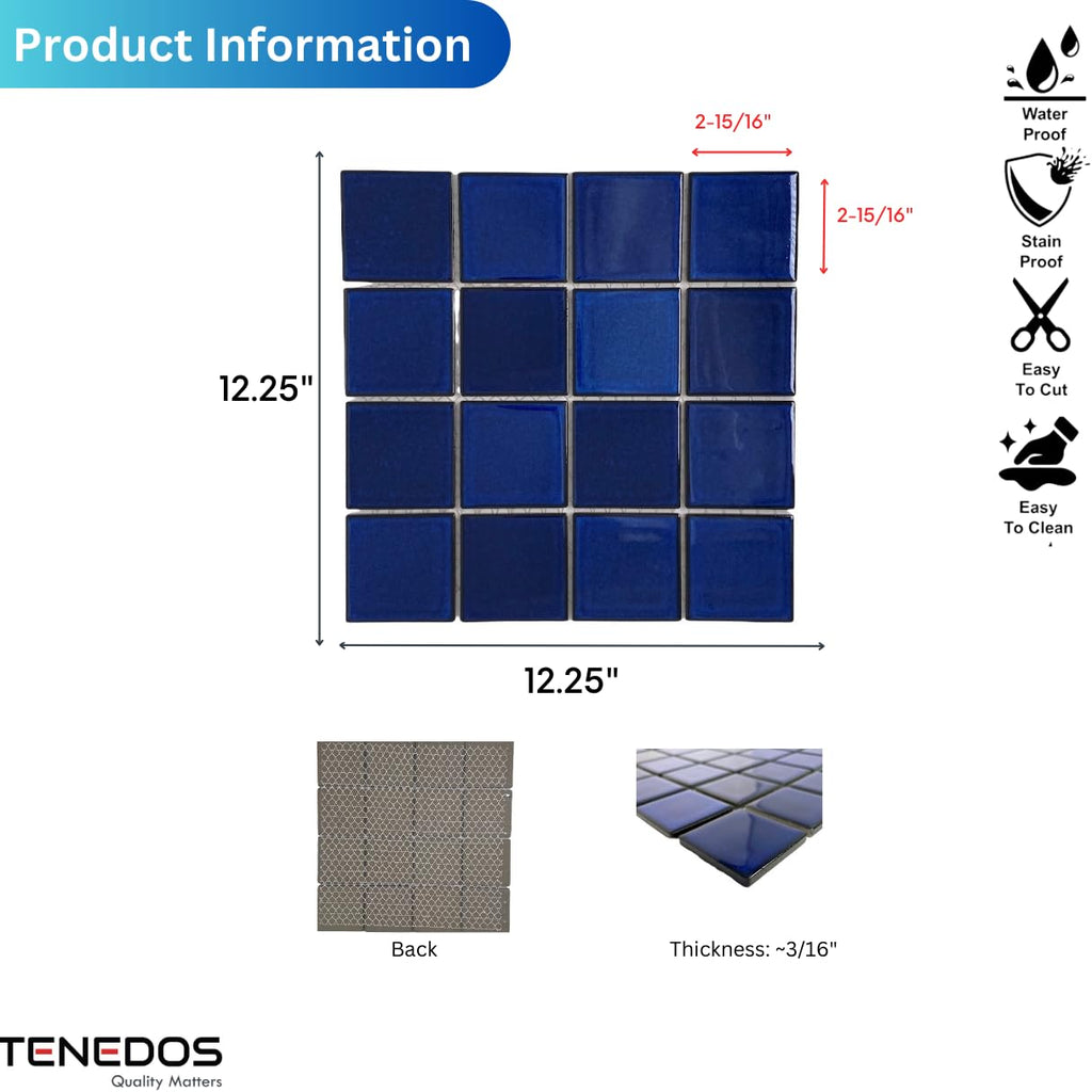 Premium Quality 3x3 Cobalt Blue Square Pattern Porcelain Mosaic Floor Wall Tile on Mesh Mounted Backsplash, Pool