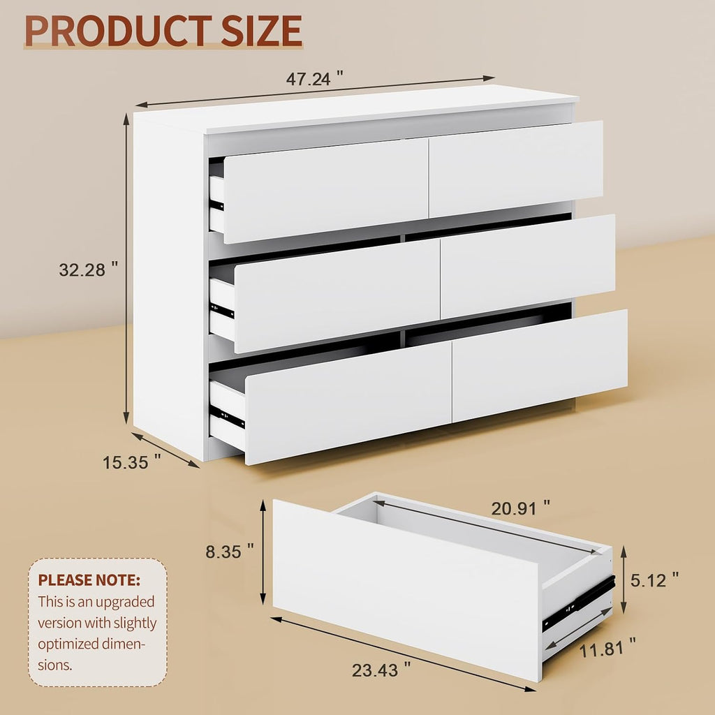 White Dresser Wood 6 Drawer Modern High Gloss | 47" Wide, Handle-Free, long, TV Stand, Storing CLothes, Dressers &