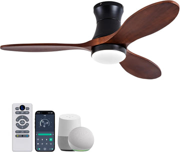 42 Inch Inspired Maverick Style Low Profile Smart Ceiling Hugger Fan with LED Light & Remote - Flush Mount, Solid Wood Blades, 6-Speed - Black