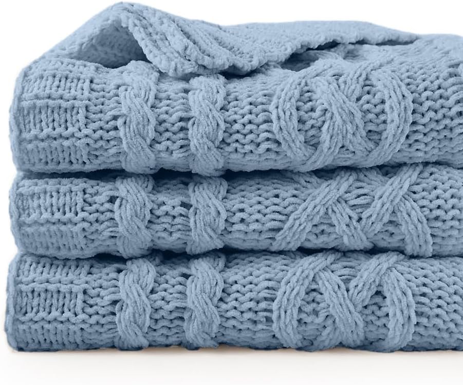 Bluish Grey Throw Blanket,51"x67", Super Soft Warm Cozy Chenille Knit Blankets, Chair, Gift, Texture Decorative Boho