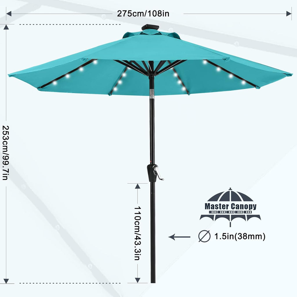 9FT 8Ribs Patio Umbrella with 32 Solar LED Lights, Outdoor Market Umbrella with Tilt & Crank