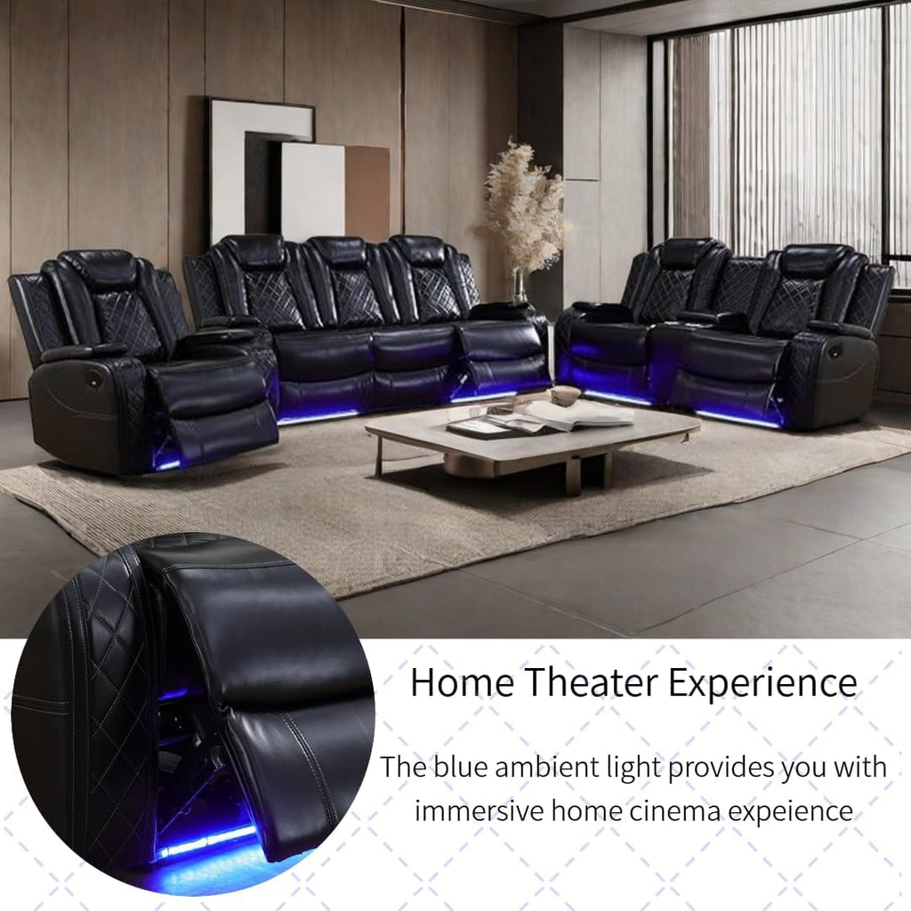 Power Recliner Set with LED Lights, Air Leather Reclining Set with USB Port/Wireless Charger/Storage Console/Cup