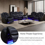 Power Recliner Set with LED Lights, Air Leather Reclining Set with USB Port/Wireless Charger/Storage Console/Cup