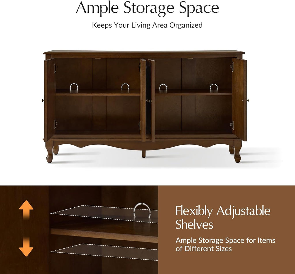 Sideboard Buffet Cabinet with Storage, 58" Kitchen Farmhouse Wood Credenza Storage Cabinet with 4 Doors & 2 Shelves