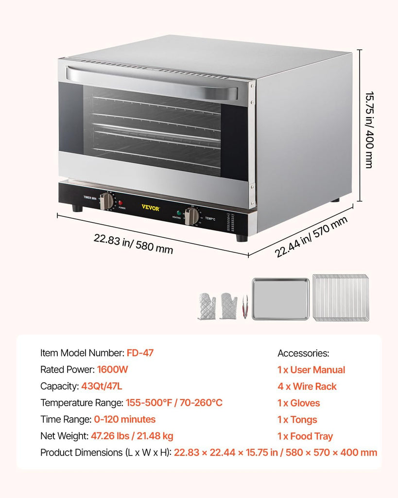 Commercial Convection Oven, 47L/43Qt, Half-Size Conventional Oven Countertop, 1600W 4-Tier Toaster w/Front Glass Door