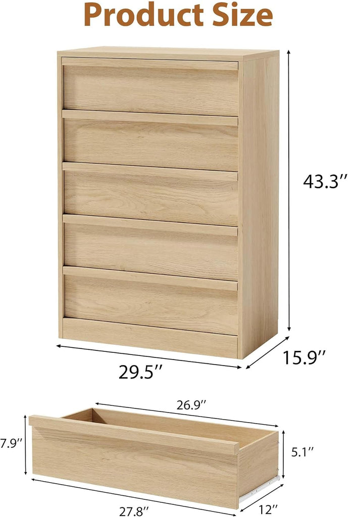 5 Dresser , 43.3" Tall Dresser, Freestanding Horizontal Drawer with Storage, Wooden Closet Chest Storage , Natural Oak