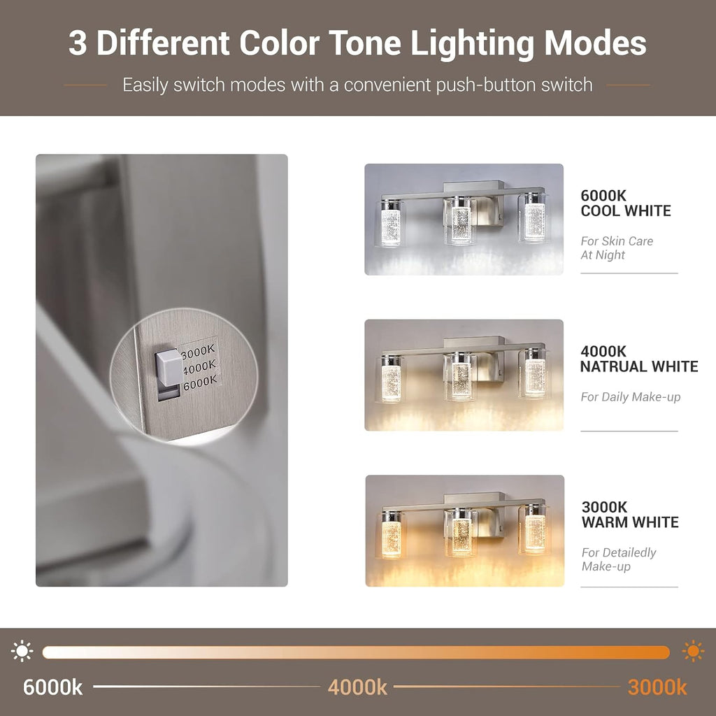 Bathroom Light Fixtures, 3 Light Brushed Nickel Bathroom Vanity Light over Mirror, 3 Color LED lights with Crystal