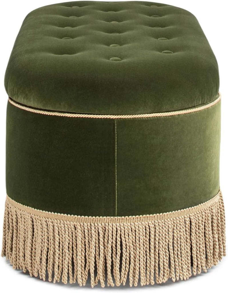 Elara 48.5" Oval Tufted Bullion Fringe Storage Bench, Olive Green Performance Velvet