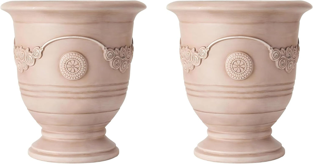 Rewol Round Concrete Planter Set of 2, 2 Pack Garden Flower Pot with Drainage Hole, Floral Relif Patio Urn Planter