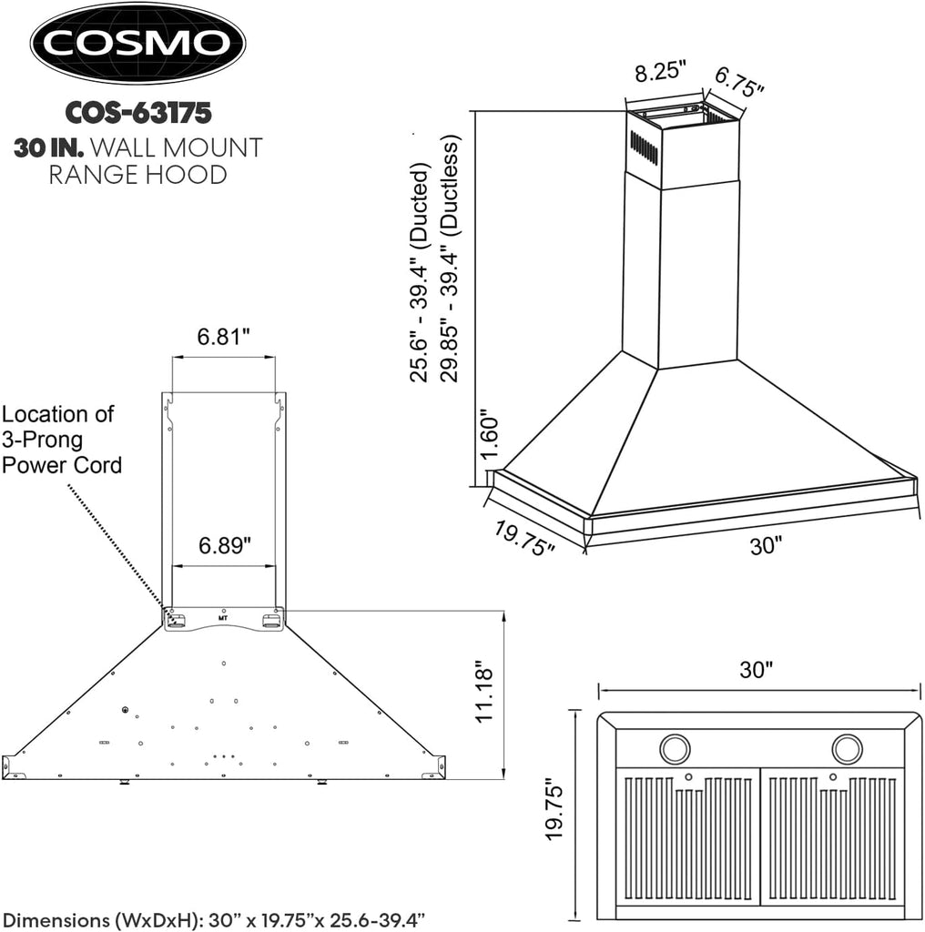 Stainless Steel Wall Mount Range Hood 380 CFM Push Button Control, LED Lights Ducted
