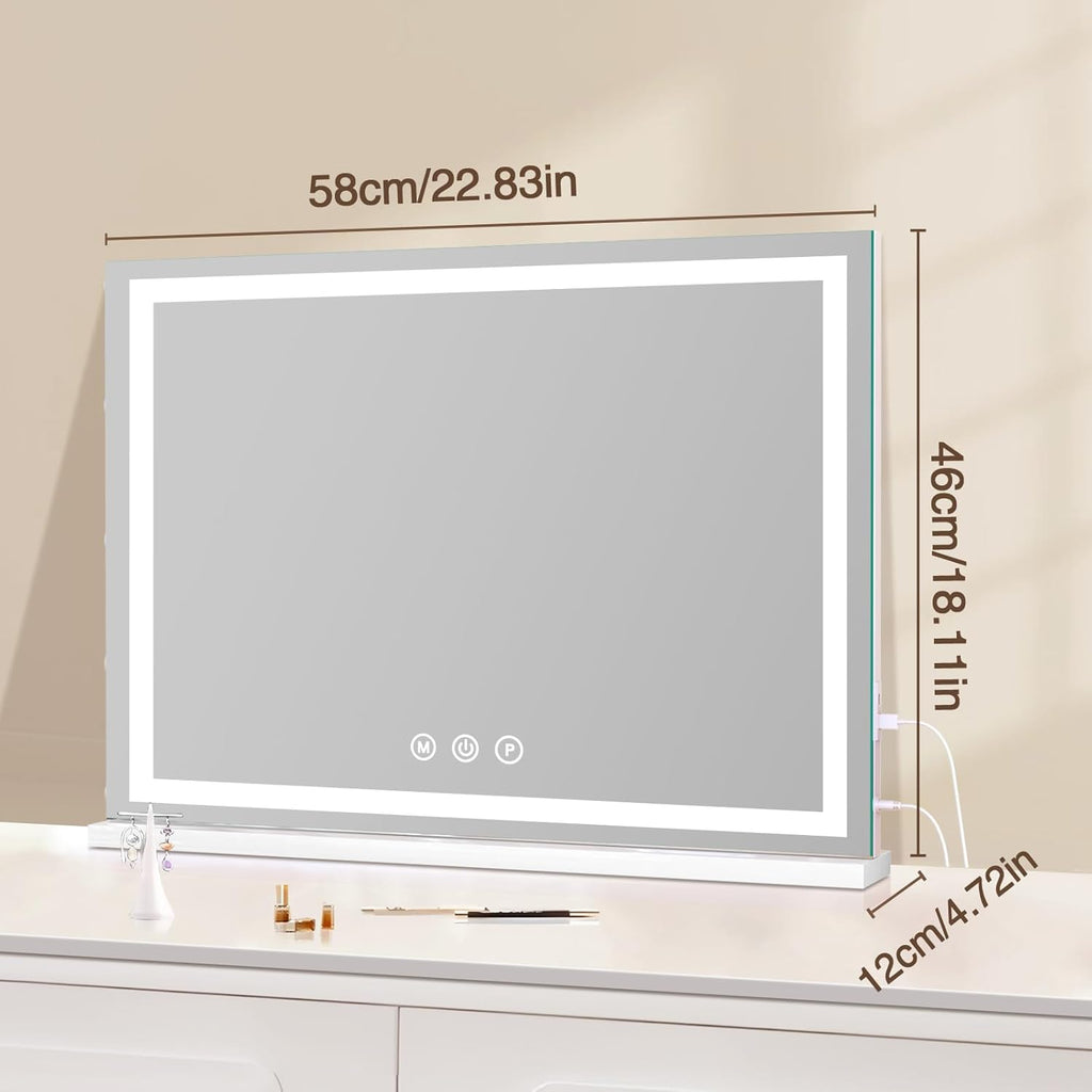 Large Lighted Vanity Mirror, 23" x 19" Light Up Make up Mirror with Smart Touch 3 Colors Dimmable, Tabletop or Wall