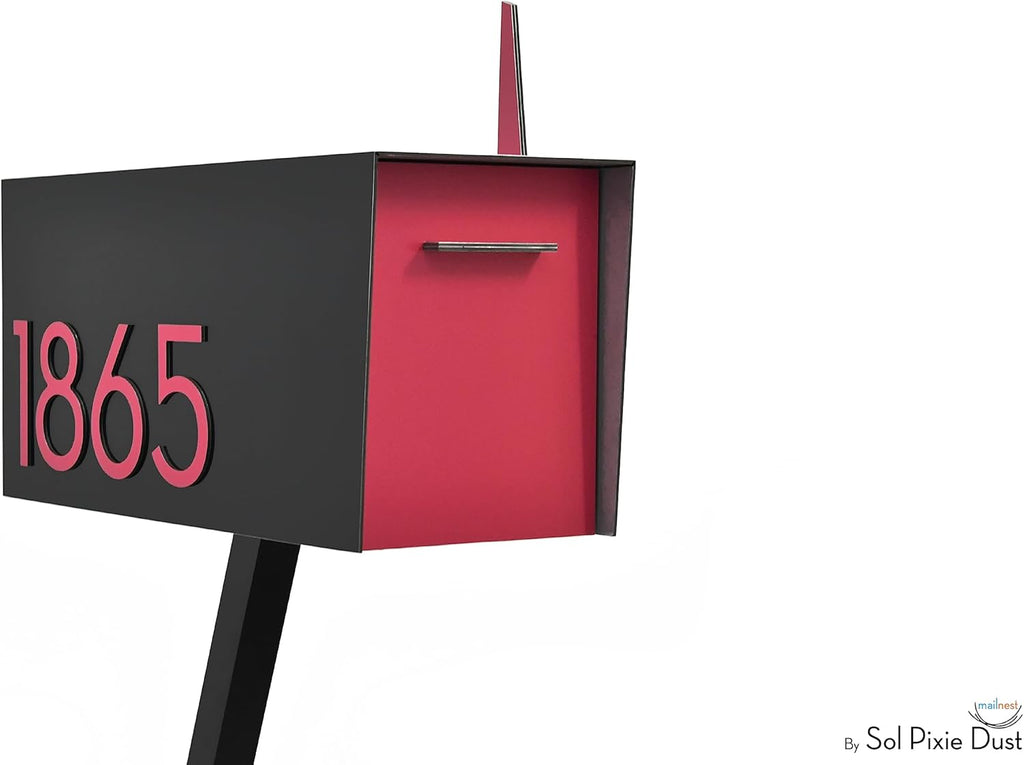 Contemporary Post-Mount Mailbox - Aluminum Black Body with Aluminum Door, Numbers and Flag - Large Customized Mailbox