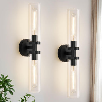 Wall Sconces Set of Two, Hardwired Matte Black Bathroom Sconces Wall Lighting with Clear Glass, Modern Sconces Wall