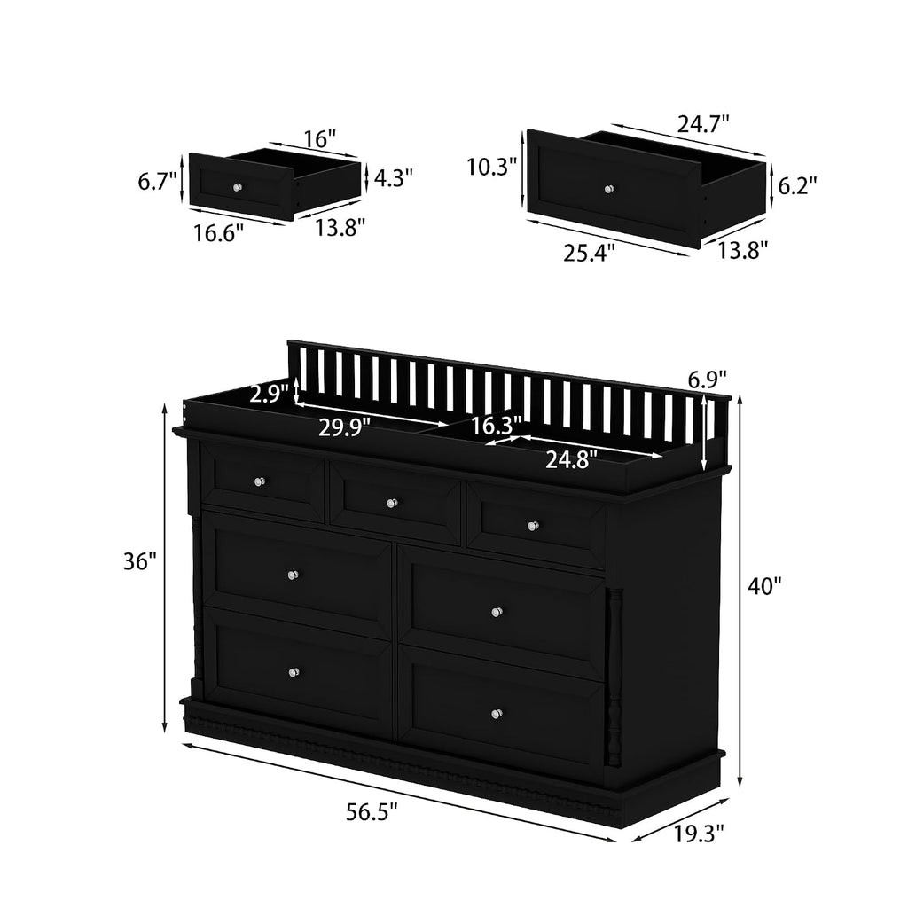Nursery Dresser with Diaper Changing Tray, Baby Kids Dresser Changing Table with 7 Drawers & Carved Pattern Bedroom
