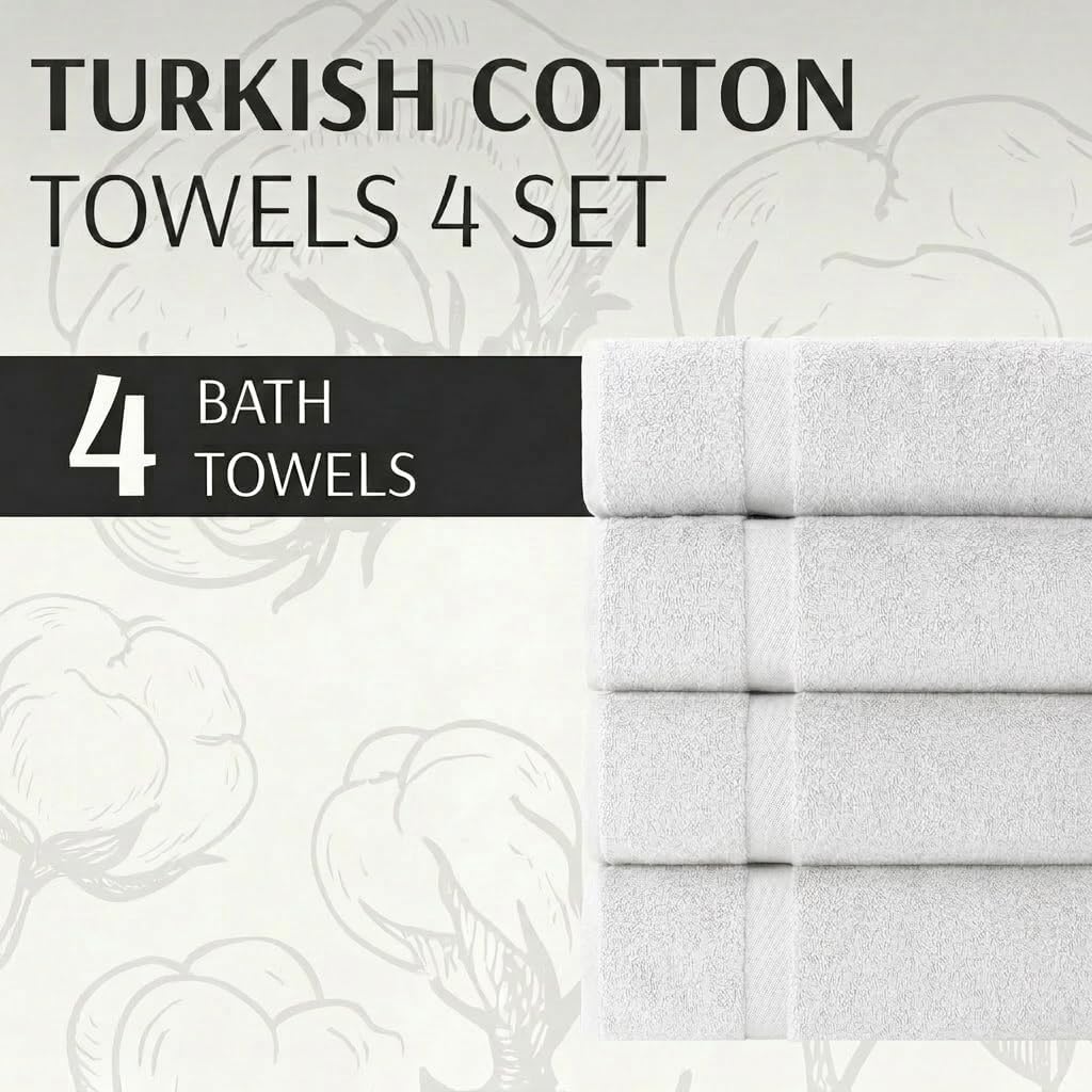 Luxury Turkish Bath Towels Set of 4, Double Stitched 100% Cotton True 600 GSM Soft & Absorbent Bathroom Towels, Hotel