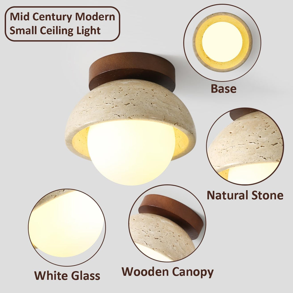 Mid Century Modern Hallway Ceiling Light White Milk Shade Small Marble Natural Stone Ceiling Light Wood Vintage