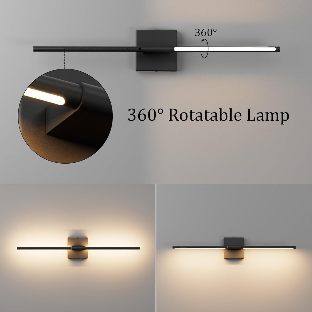 28In Hardwired Black Wall Sconce Modern Vantiy Light LED Bathroom Light Fixtures Over Mirror 3000K 360° Rotatable