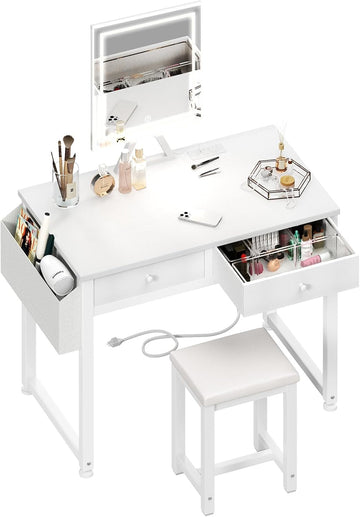 Small Makeup Vanity Desk with Fabric Drawers, 32 inch White Vanity Desks with Mirror and Light, Dressing Table and
