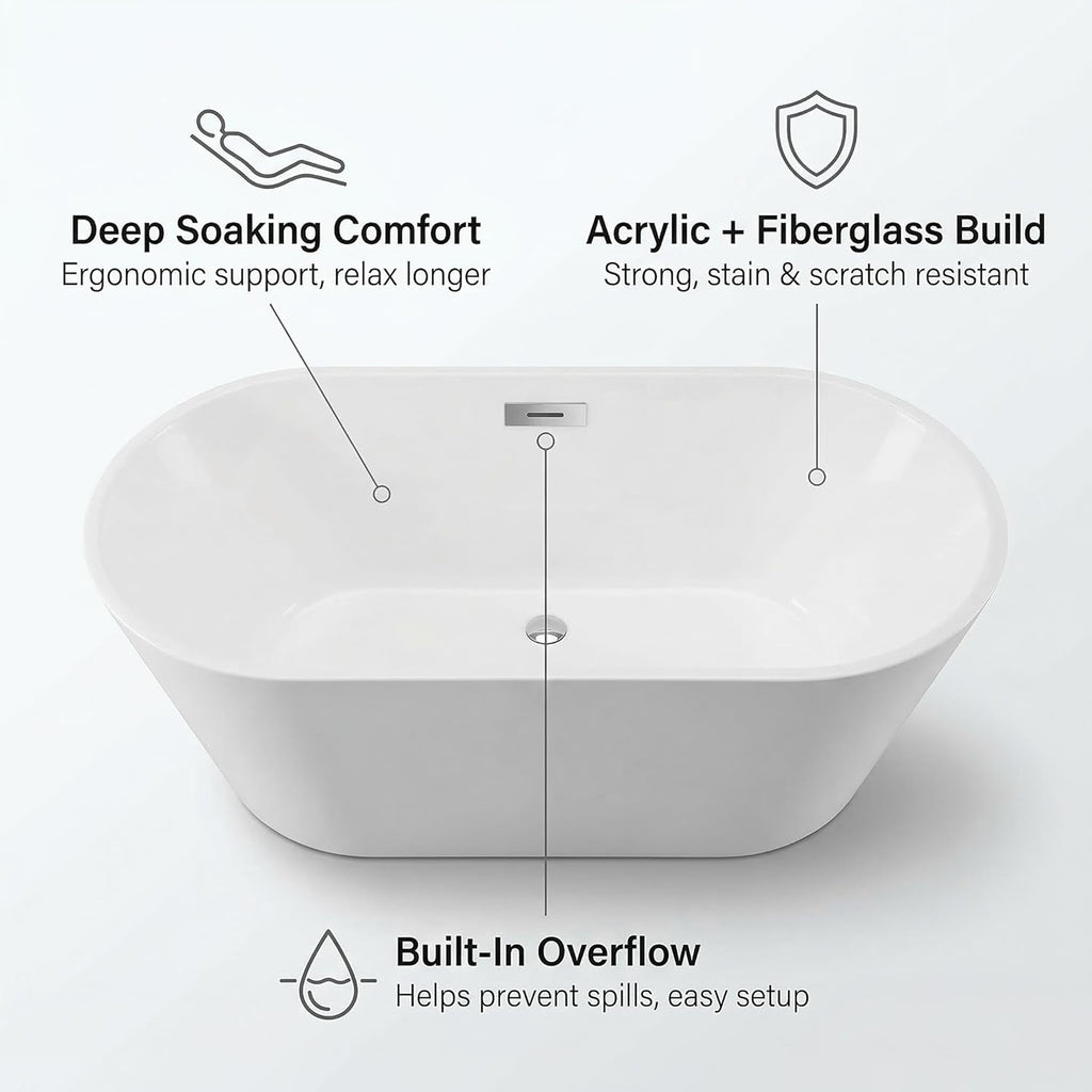 67" Acrylic Freestanding Bathtub, Deep Soaking Tub with Non-Slip Base, cUPC Certified Free Standing Tub, Chrome Drain