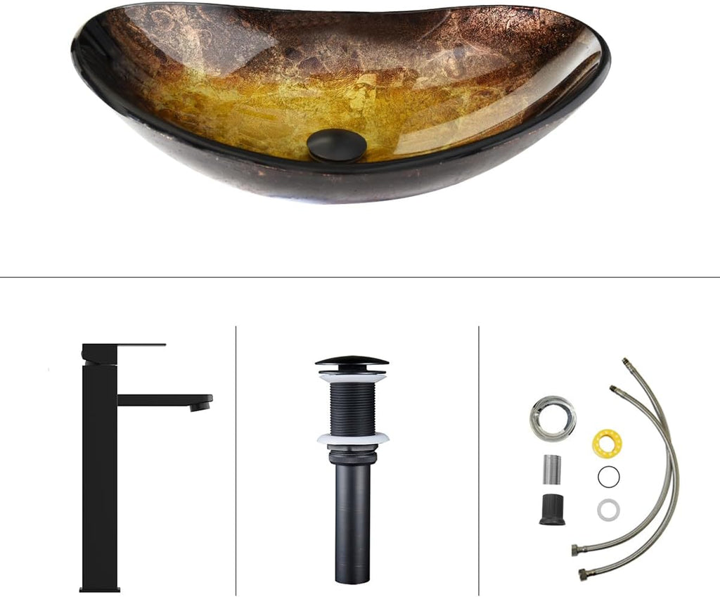 Bathroom Boat Shape Artistic Glass Vessel Sink Free Black Faucet and Pop-up Drain Set, Gold