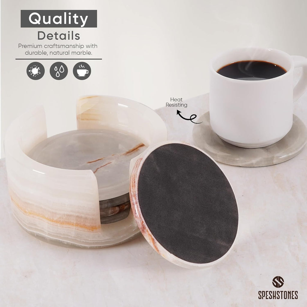 Marble Coasters Cream Onyx 3.5 Inch Round Stone Coaster for Drinks with Holder - Ideal Drink Coasters - Set of 6