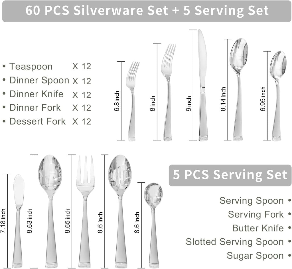 Silverware Set, 65-Piece Flatware Set for 12, 18/10 Stainless Steel Cutlery Set with Bead Edge, Utensil