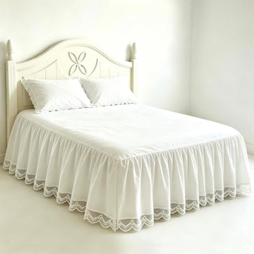 Bed Skirt 14 Inch Drop White - Ruffled Dust Ruffle with Lace Trim, 100% Cotton Soft Breathable Bed Skirt with