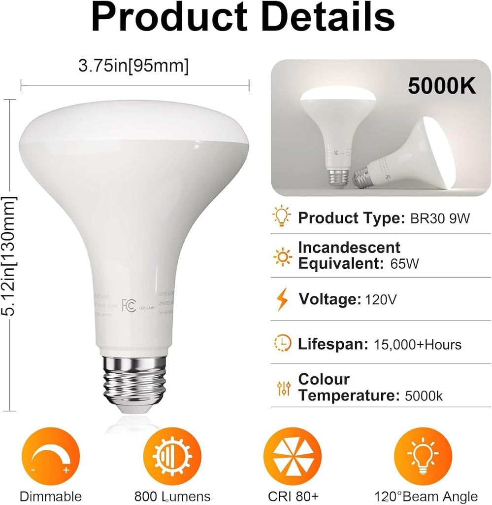 6 Pack BR30 Led Bulb 65W Equivalent, Dimmable LED Flood Light Indoor, E26 Base, 5000K Daylight, 9W, 800 LM, Recessed