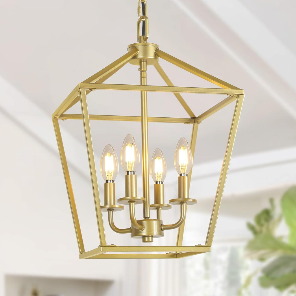 4 Light Gold Chandelier, Industrial Ceiling Light Lantern Light Fixtures with Farmhouse Metal Cage Adjustable Height Rustic Geometric Hanging Light E12 Base for Kitchen Island, Entryway, Indoor A128-B0DGTJSV4H