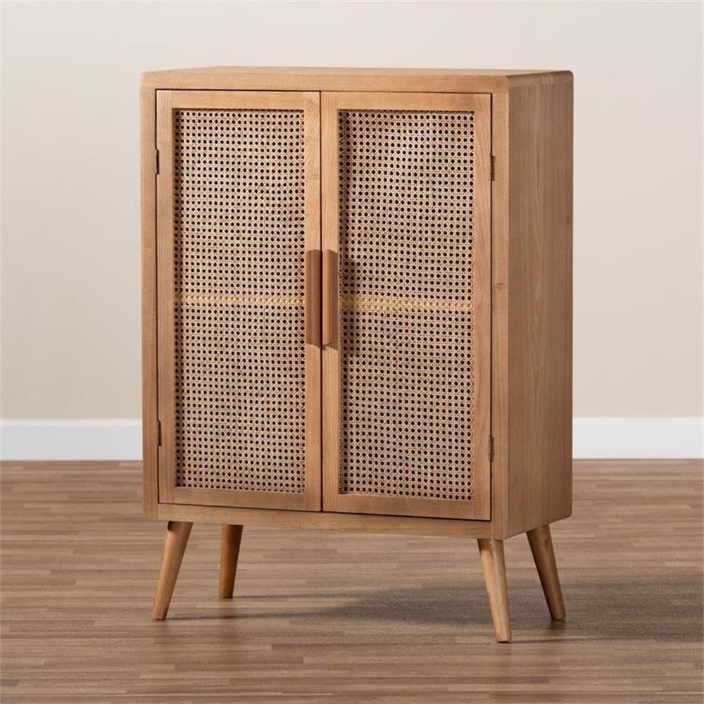 Mid-Century Wood/Rattan 2-Door Storage Cabinet, Oak Finish, 44.29" H x 31.5" W x 14.17" D, Adjustable Shelves, Angled