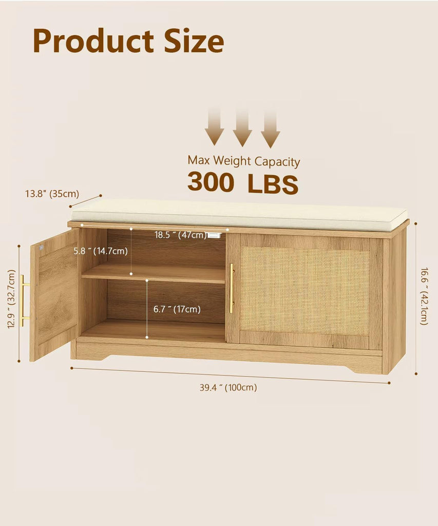 Rattan Shoe Storage Bench with Cushion, 39.4" Wide Entryway Bench with Adjustable Shelf, Hidden Shoe Organizer
