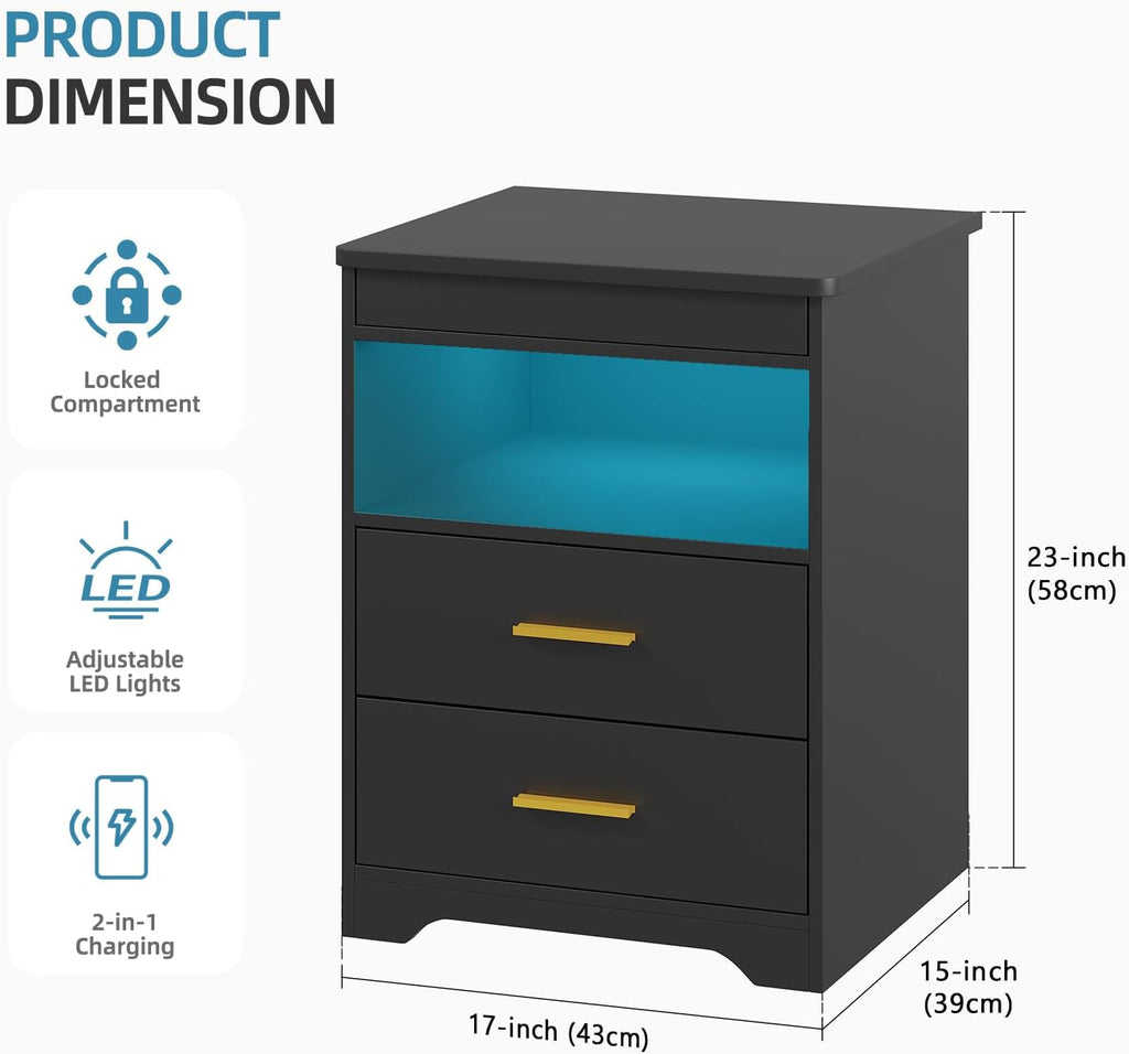 LED Night Stand with Gun Drawer , Charging Bedside Table with USB & Type-C Port, Modern End Table with Human Sensor