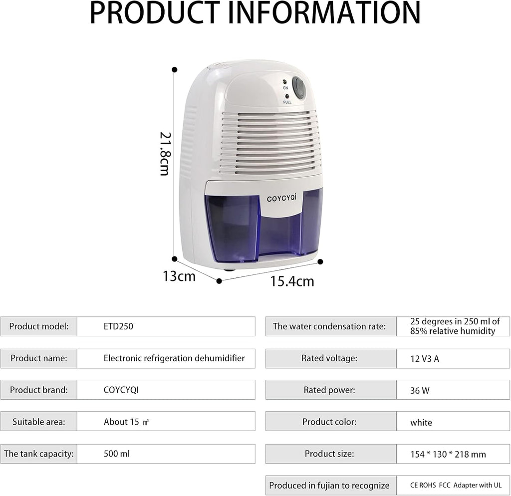 Small Dehumidifier,12V3A adapter，1200 Cubic Feet (215 sq ft) Portable Mini Dehumidifier Quiet Use for High Humidity in