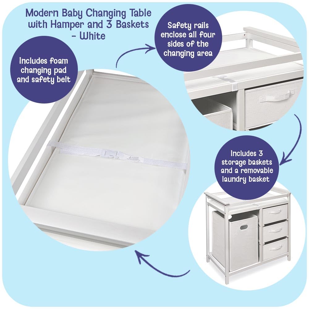 Modern Baby Changing Table - Nursery Furniture with Laundry Hamper and 3 Storage Drawers - Diaper Changing Station
