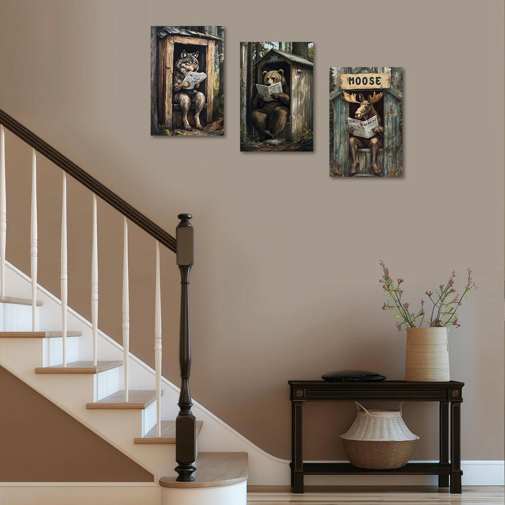 Funny Bathroom Wall Art Forest Wildlife Poster 3 Panel Wolf Bear Moose on Outhouse Toilet Canvas Print Funny Animals
