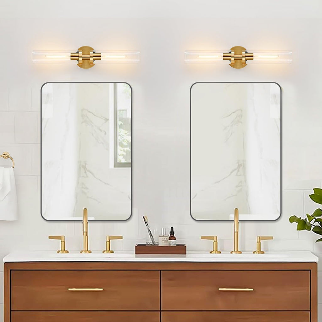 Wall Sconces Set of Two, Hardwired Brushed Gold Bathroom Sconces Wall Lighting with Clear Glass, Modern Sconces Wall