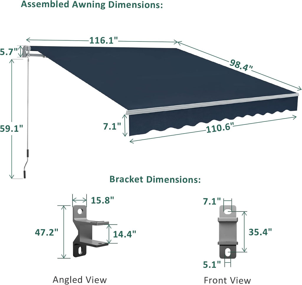 Patio Awning 10x8 Feet Sunshade Canopy for Manual Retractable Awnings, with Aluminum Frame and 280G Polyester Fabric