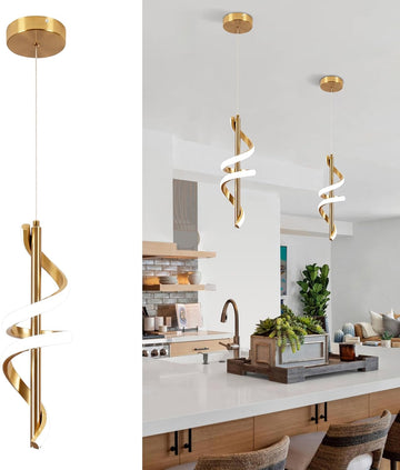 Spiral Led Pendant Light Fixtures, 5500K Gold Modern Led Pendant Light Kitchen Island, Adjustable Height Kitchen
