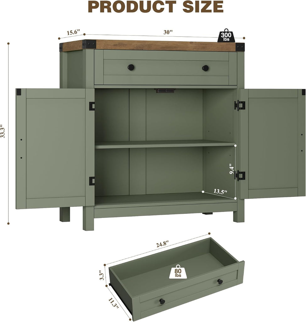31.5"W Kitchen Storage Cabinet, Farmhouse Coffee Bar Cabinet, Green | Small Buffet Cabinet with Doors & Wide Drawer
