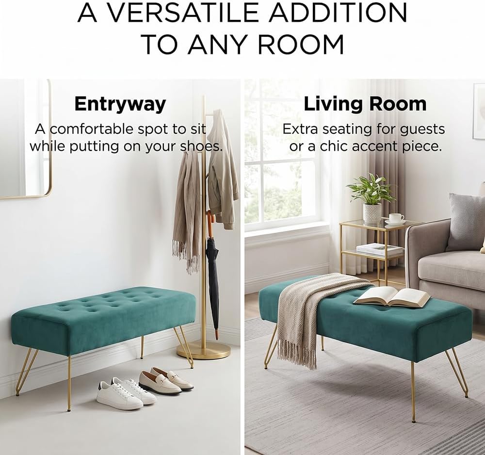 Velvet Button-Tufted Entryway Bench, 39.37" Modern Upholstered Bedroom Bench with Gold Metal Legs, Padded Rectangular