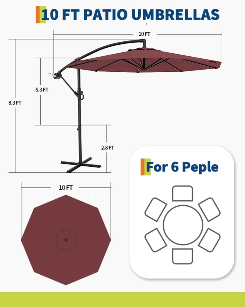 10FT Cantilever Patio Umbrella with Cross Base, Outdoor Offset Market Umbrella with Infinite Tilt and Crank Lift