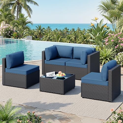 5-Piece Wicker Outdoor Patio Furniture Set - Conversation | Aegean Blue with Thick Cushions for Backyard, Garden & Porch