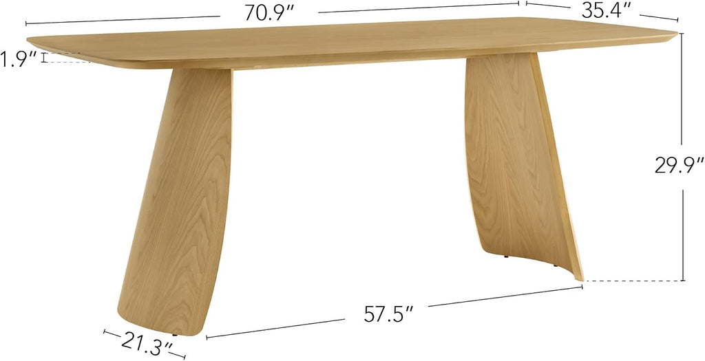 71" Modern Dining Table for 6, Rectangle Wood Kitchen & Dining Room Table, Solid Rubberwood Frame, Bentwood Legs, Oak