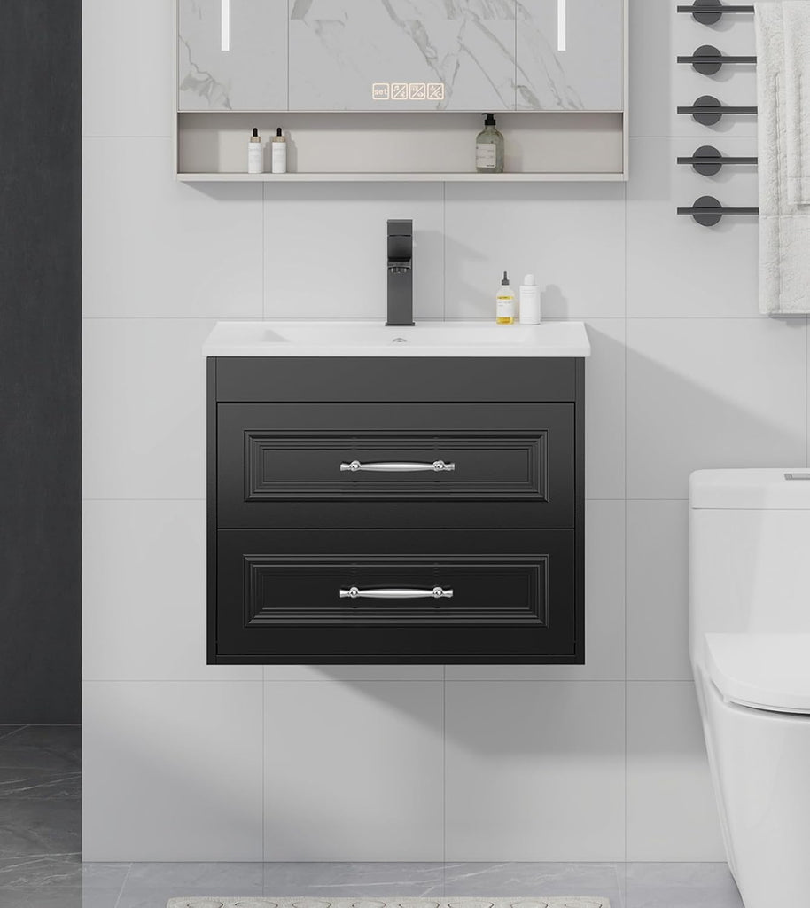 24 Inch Floating Bathroom Vanity with Sink, Wall-Mounted Painted Cabinet with Soft-Close Drawers, Ceramic Sink, Faucet & Drain, Black