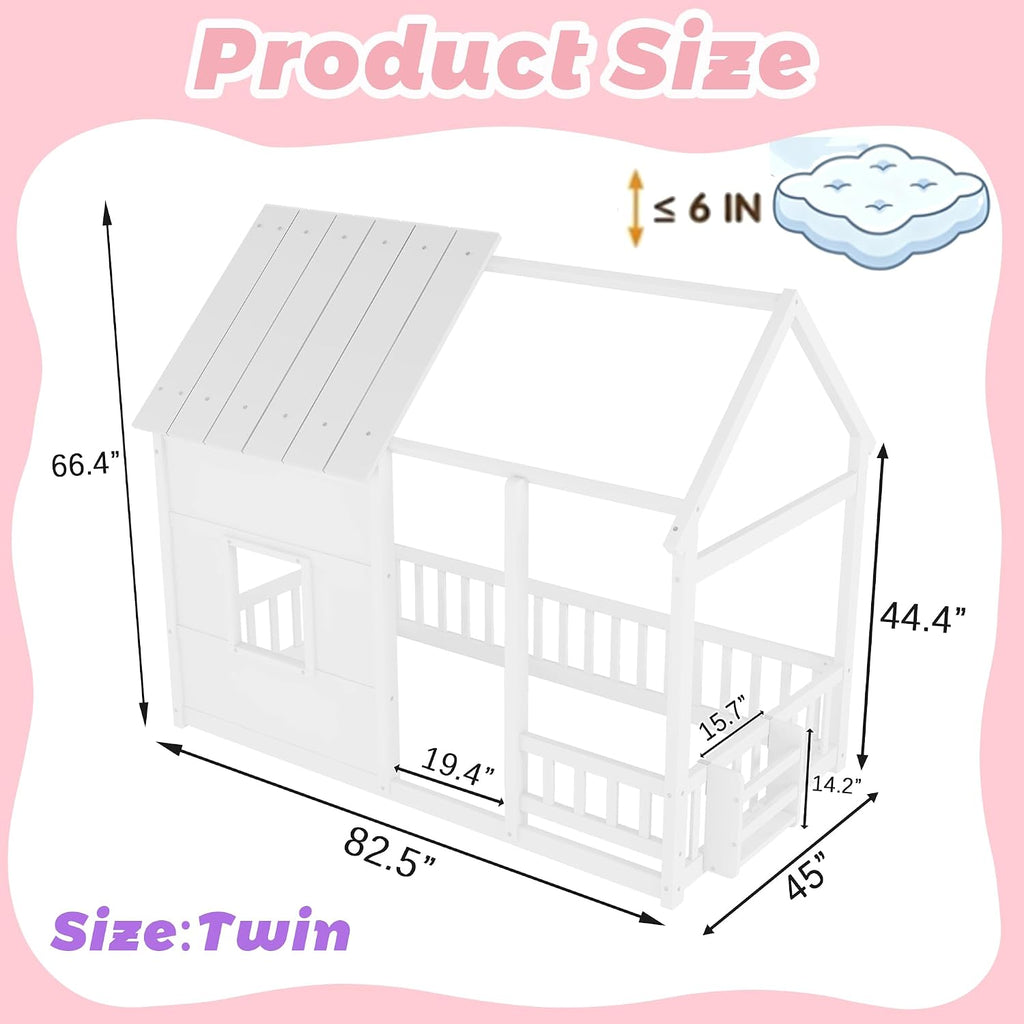 Tw Bed with LED Light and Bookcase, White House Bed for Kids with Rails, Roof and Window, Wood Twin Montessori Floor