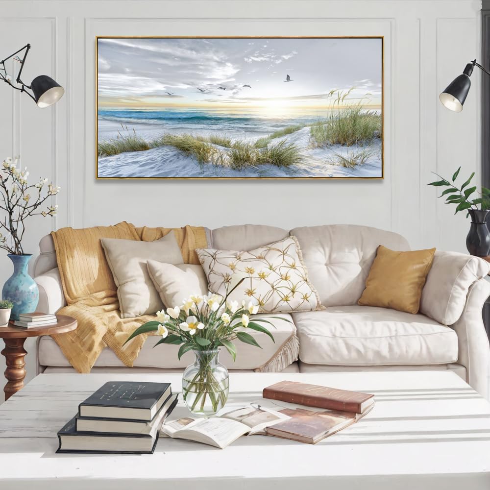 Canvas Prints Wall Art Beach Sunrise Ocean Waves Beach Grass Nature Pictures Stretched Canvas Wooden Framed Bedroom