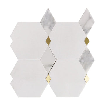 Calacatta Thassos Waterjet Mosaic, Marble with Brass, Polished, Wall Floor Tile