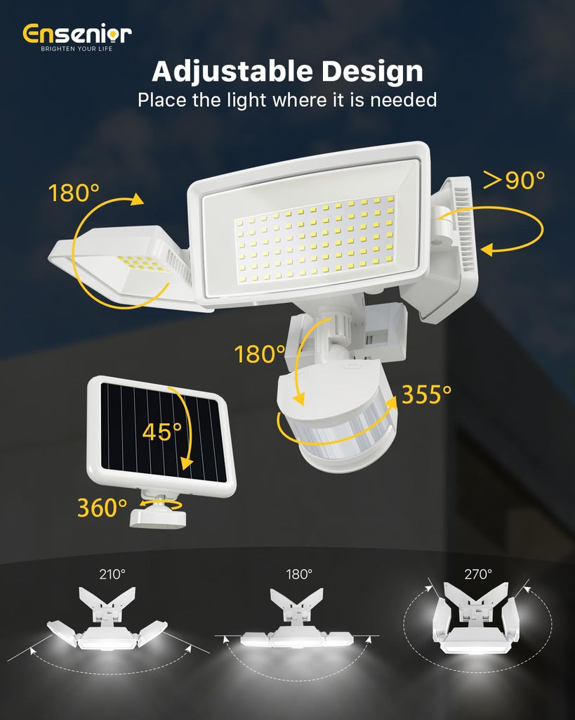 5 Motion Sensor Modes Solar Security Light, 1800LM 270° Wide Angle 3 Heads LED Flood Lights, IP65 Waterproof Wall